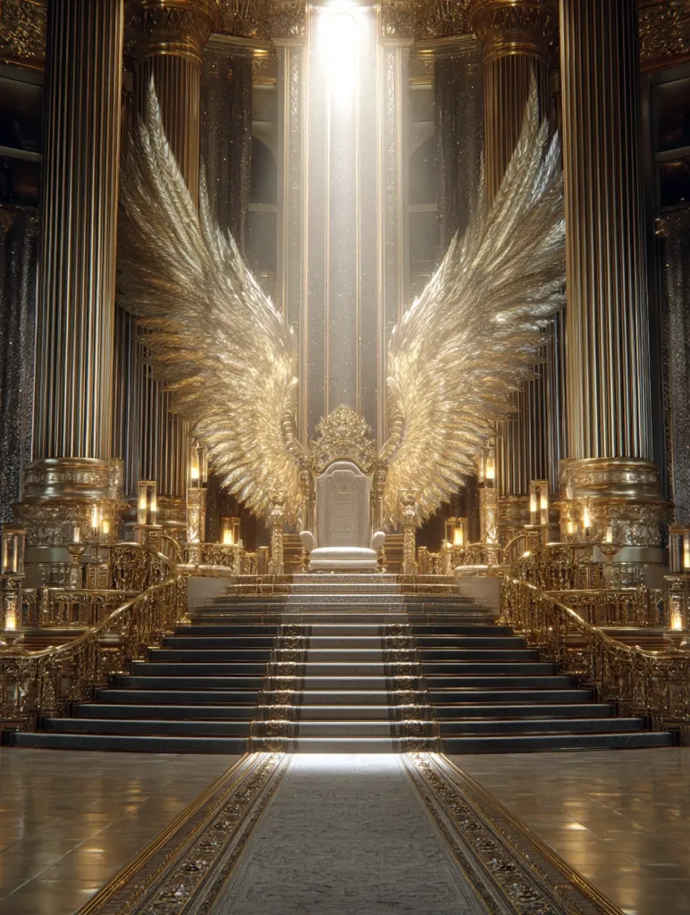 A grand, opulent throne room is bathed in golden light.  A majestic throne sits at the top of a sweeping staircase, flanked by enormous, glittering angel wings.  Ornate gold columns and railings line the hall, creating a heavenly, almost ethereal atmosphere.  The overall impression is one of power, divinity, and regal splendor.