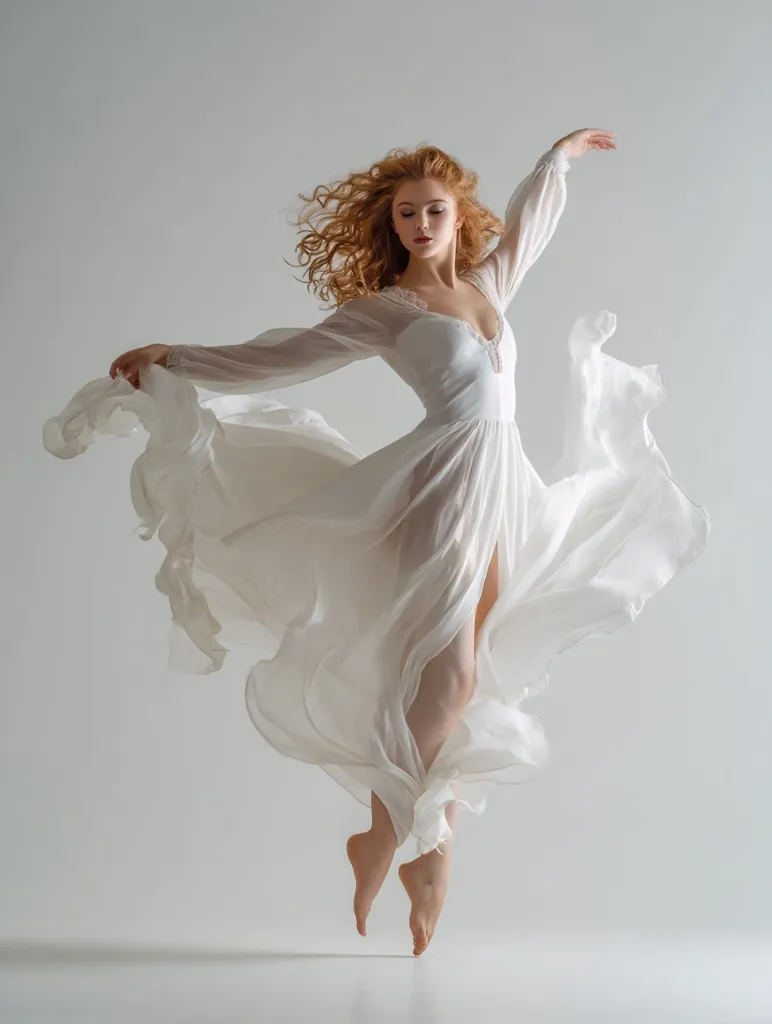 A young woman with fiery red curls leaps gracefully in a flowing white gown against a muted gray backdrop.  Her dress billows dramatically around her as she appears weightless in mid-air. The image conveys a sense of ethereal beauty and effortless movement, capturing a moment of grace and elegance.  The soft lighting accentuates the fabric's texture and the dancer's poised form.