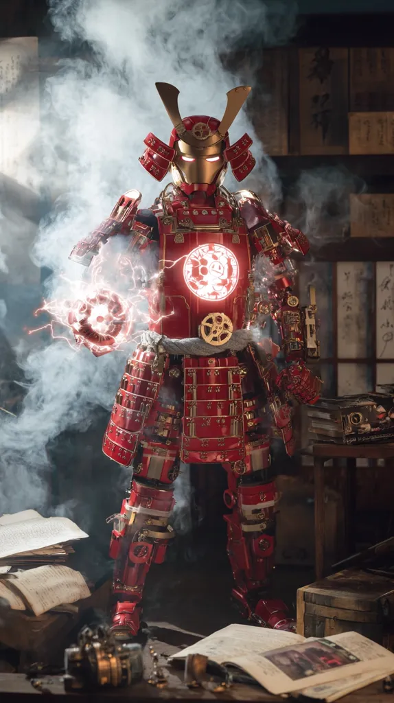A meticulously crafted Iron Man suit, styled as a Samurai warrior, stands amidst swirling smoke.  The red and gold armor is intricately detailed, showcasing a fusion of futuristic technology and traditional Japanese design.  An arc reactor glows brightly on the chest, emitting energy. The setting is a dimly lit room, suggesting an ancient workshop or study, with old books and tools scattered around.