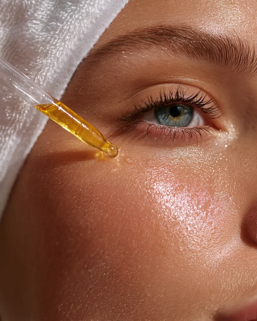 Close-up of a woman's face with a dropper applying golden facial oil near her eye.  Her skin is smooth and glowing, highlighted by soft lighting.  She wears a white towel wrapped around her head.  The image focuses on the application of the oil and the healthy, radiant appearance of her skin.