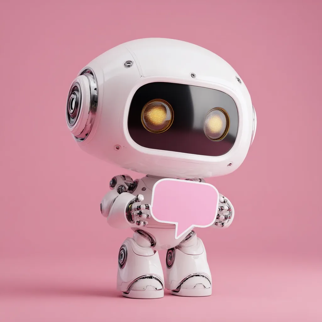 A cute, white robot with glowing yellow eyes stands against a pink background.  It holds a blank pink speech bubble, suggesting communication or a message. The robot's design is rounded and friendly, with visible mechanical details.  The overall aesthetic is playful and modern.