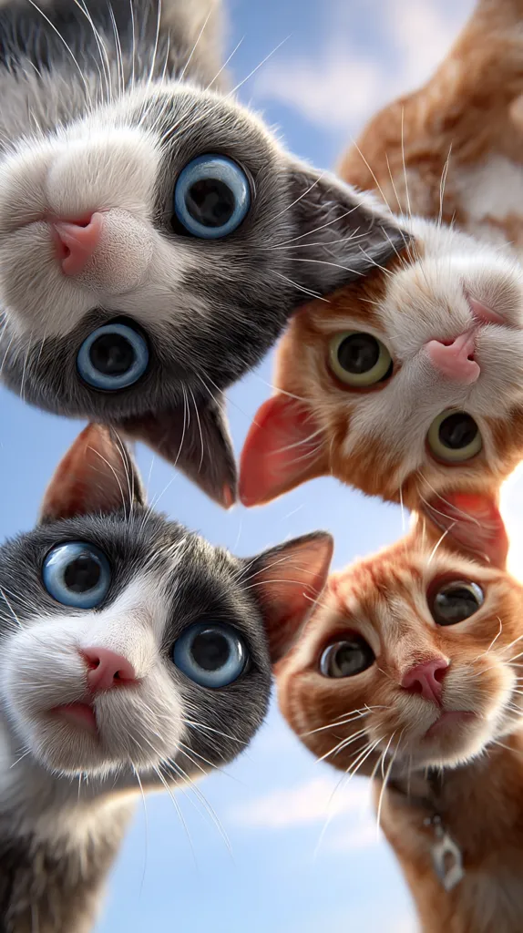 Four adorable cats, two grey and white, two orange, gaze directly at the camera from an unusual low angle.  Their large, expressive eyes and curious expressions create a playful and charming image, set against a bright blue sky. The cats appear friendly and are positioned closely together, suggesting companionship.