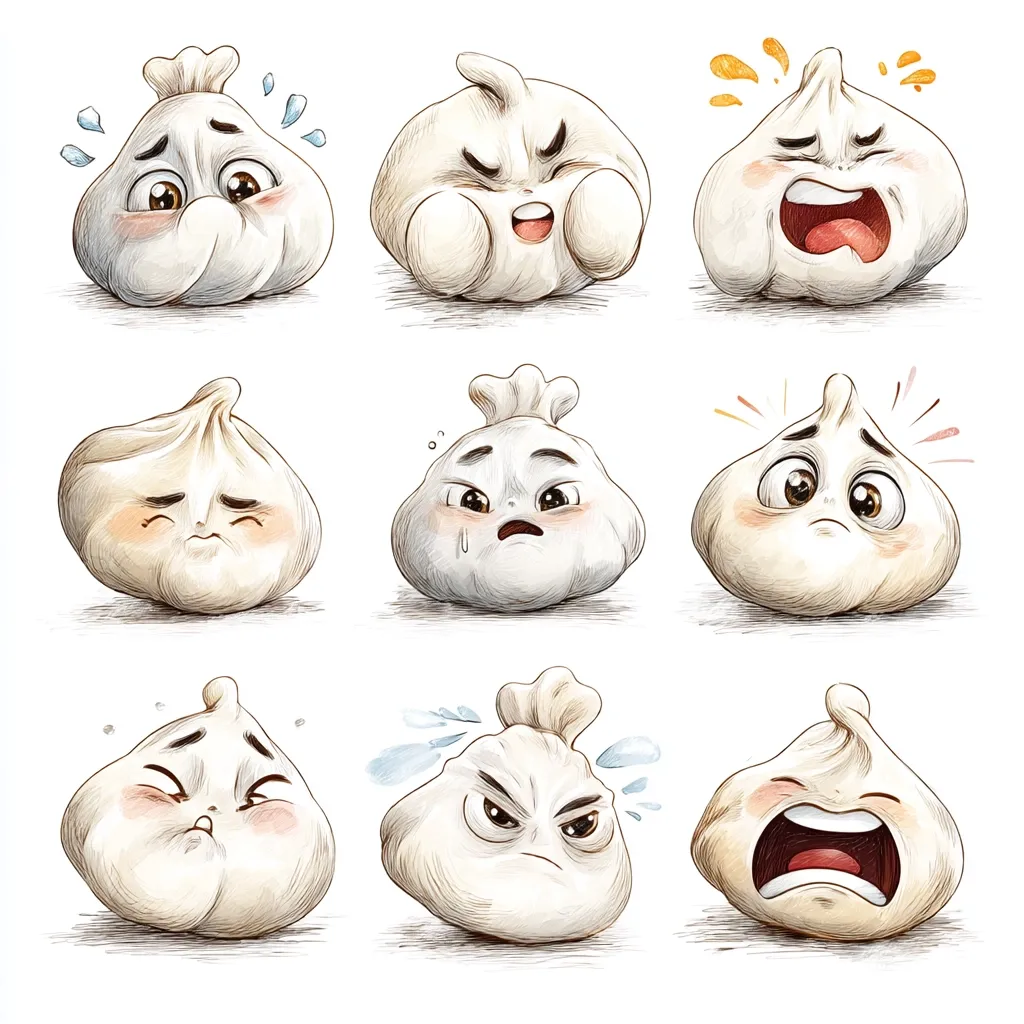 Nine adorable cartoon khinkali dumplings, each displaying a different human-like emotion.  Expressions range from happy and surprised to sad, worried, angry, and screaming.  The illustrations are done in a soft, pencil-like style, with subtle shading and color variations to enhance the characters' expressions.  They're perfect for expressing a range of moods in a fun and unique way.