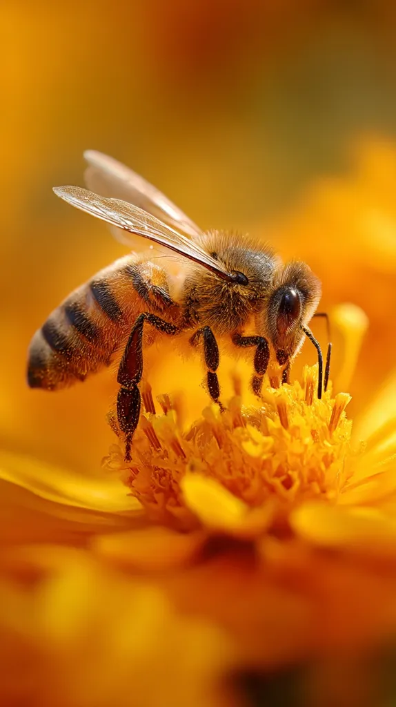 A honeybee, covered in pollen, diligently collects nectar from a vibrant, golden-orange flower.  Its translucent wings are partially visible as it feeds. The blurred background emphasizes the bee and flower, creating a striking contrast of sharp detail and soft focus. The warm, golden tones evoke a sense of summer and natural beauty.
