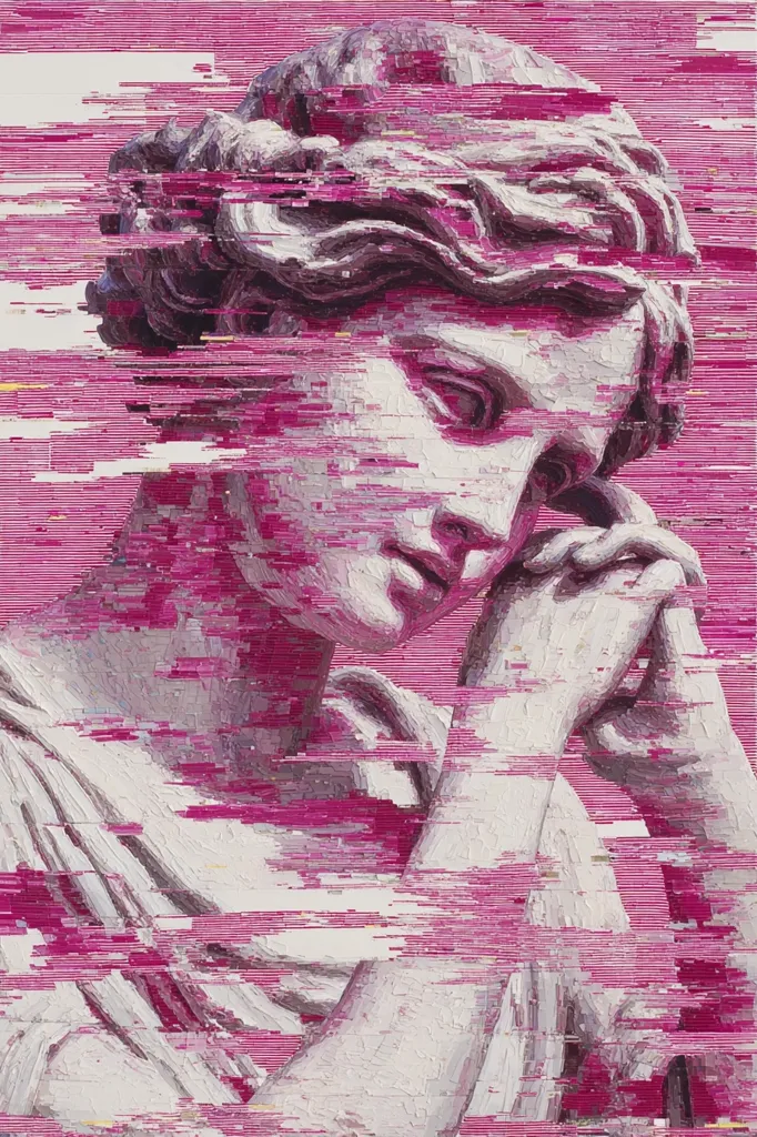 A digital painting of a classical sculpture of a woman.  Her head is tilted down, hands clasped together near her face in a contemplative pose. The image is overlaid with a glitching, pink horizontal striped effect, creating a fragmented and distorted aesthetic. The style blends classical art with digital manipulation, resulting in a visually striking and modern interpretation of a timeless subject.