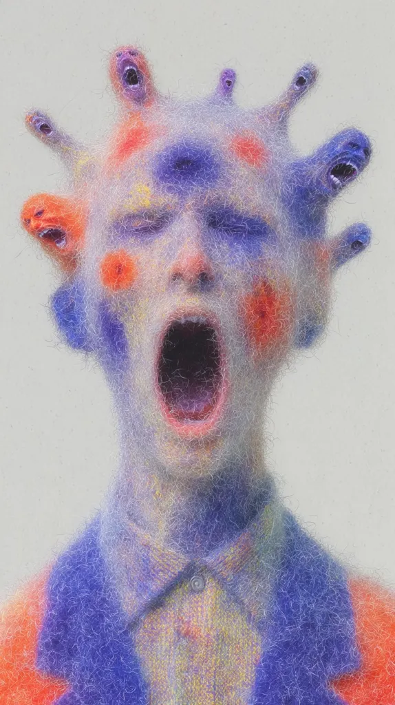 A surreal digital painting depicts a person with a hairy face, mouth wide open in a scream.  Their head is surrounded by numerous small, screaming figures, creating a chaotic and disturbing scene.  The overall color palette is muted with hints of orange and blue, contributing to the unsettling atmosphere. The texture is fuzzy and almost hairy, enhancing the bizarre and unsettling nature of the image.