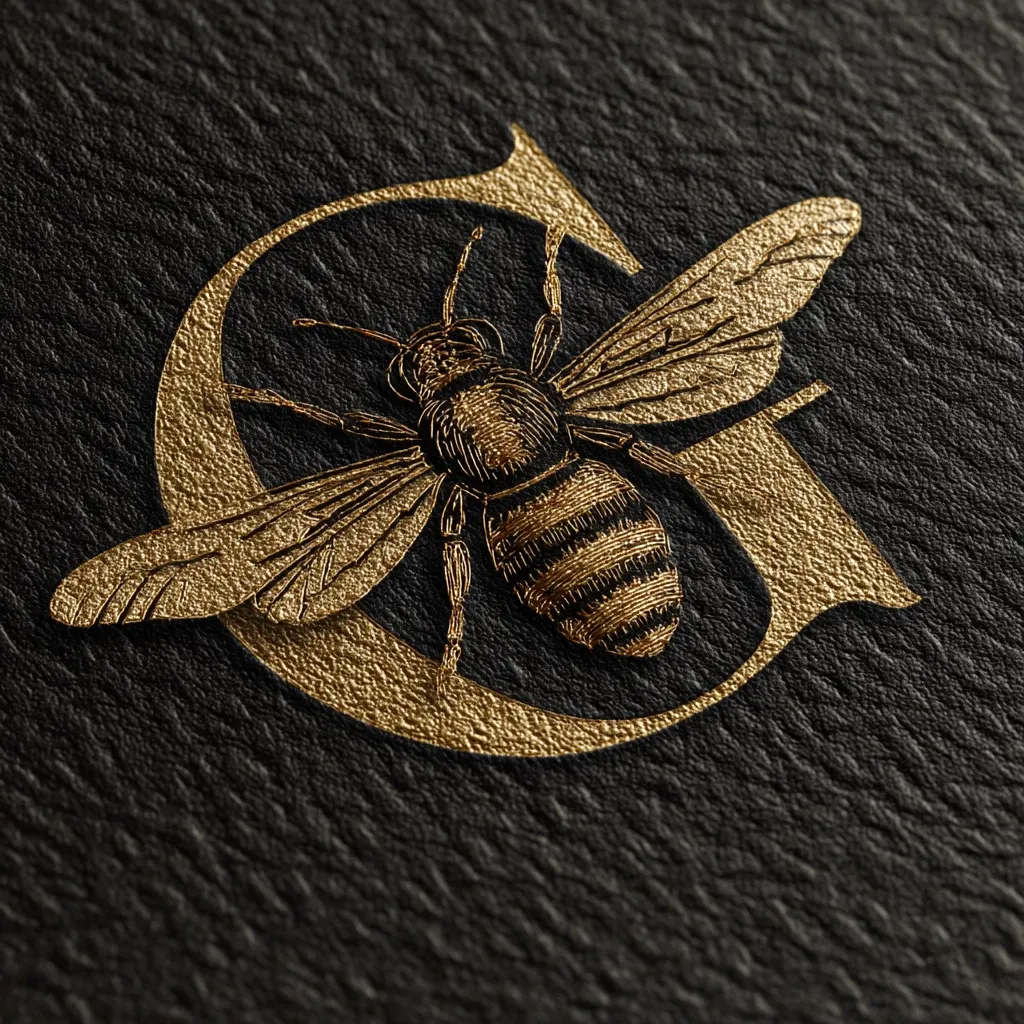 A detailed close-up reveals a gold-embossed letter "G" on a black, textured surface.  The "G" incorporates a meticulously rendered bee, its wings spread, positioned centrally within the letterform. The image suggests a luxurious, possibly handcrafted, design, with the metallic gold contrasting sharply against the dark background. The texture of the material adds depth and visual interest to the overall composition.