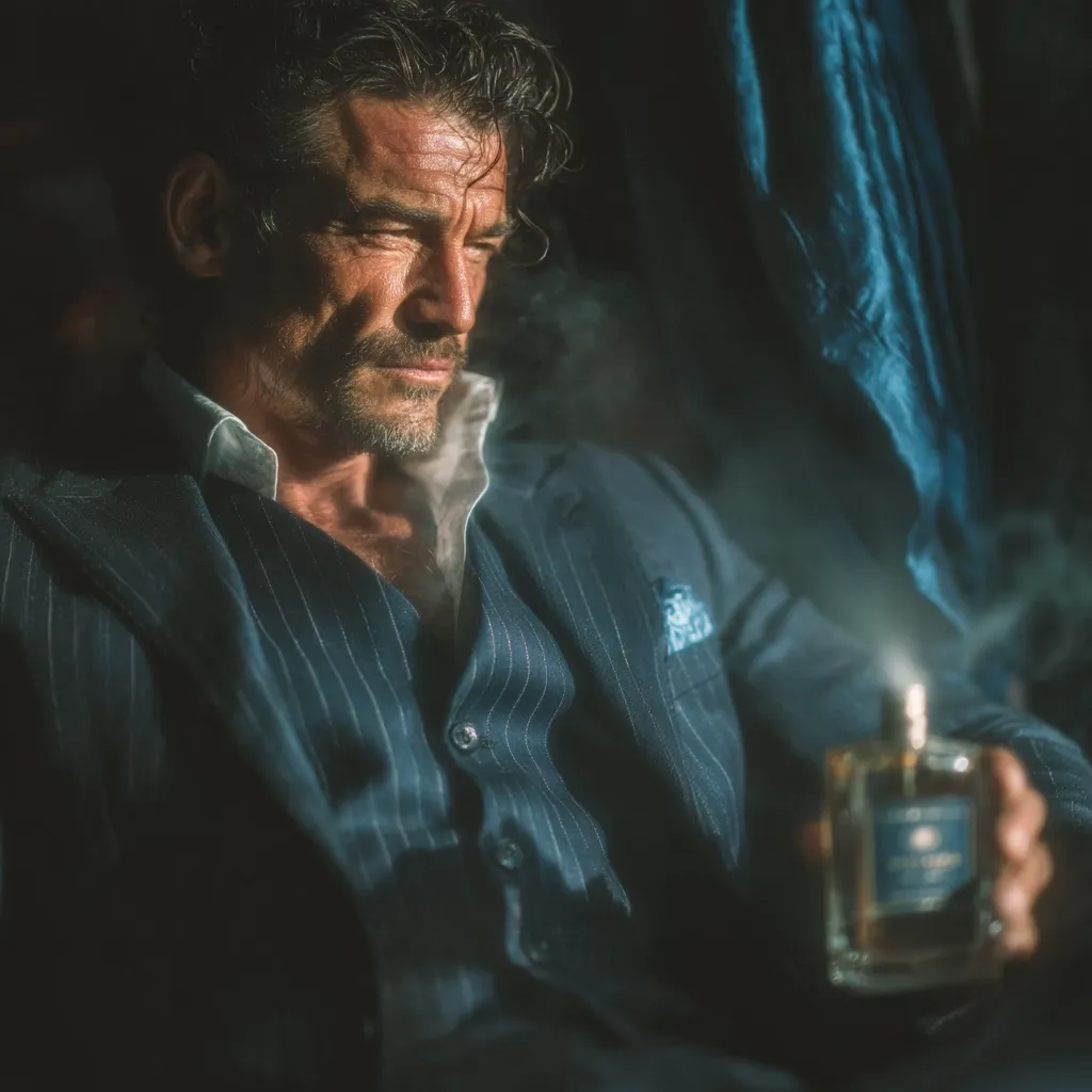 A stylish man in a dark pinstripe suit sits pensively, holding a bottle of perfume.  Soft light illuminates him, creating a moody atmosphere. His expression is serious and contemplative.  The scene is intimate and suggests sophistication and reflection. The overall tone is dark and dramatic, emphasizing the man's brooding presence.