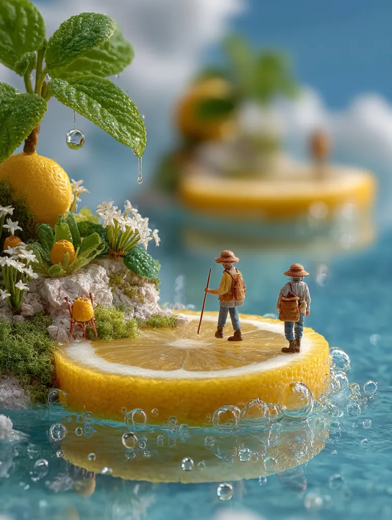 Two miniature hikers traverse a lemon slice island, a verdant miniature landscape complete with tiny plants and a lemon tree. Water droplets cling to the leaves, and bubbles surround the floating citrus.  A blurred background hints at a larger lemon form, creating a whimsical, surreal scene.  The overall image evokes a sense of adventure and tranquility in a miniature world.