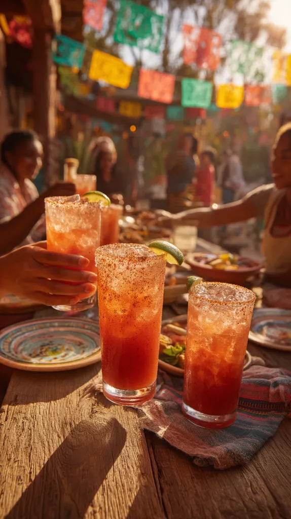 Three glasses of a refreshing, reddish-orange beverage, rimmed with a spice blend, sit on a rustic wooden table.  Lime wedges garnish the drinks.  In the blurry background, a festive outdoor gathering is in progress, with colorful papel picado banners strung overhead and people enjoying a meal. The scene is bathed in warm, golden sunlight.