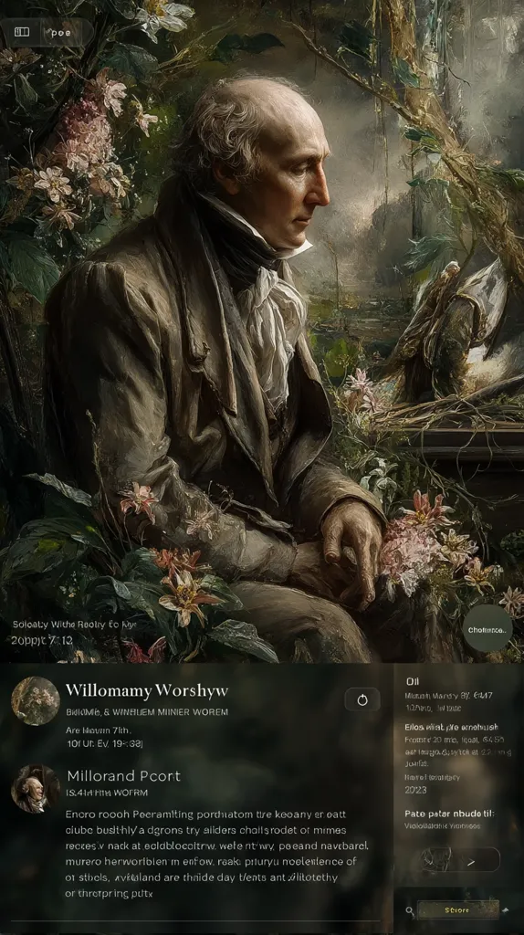 A digital art piece depicts a portrait of a man in 18th-century attire, possibly a historical figure. He's seated amidst lush foliage, his expression contemplative.  The artwork is presented with accompanying text, possibly biographical information or a fictional narrative. The style is dark, romantic, and evocative, using rich textures and muted colors.  Information displayed suggests the piece is titled "Willomamy Worshyw" and "Millorand Pcort," with details about size and materials.