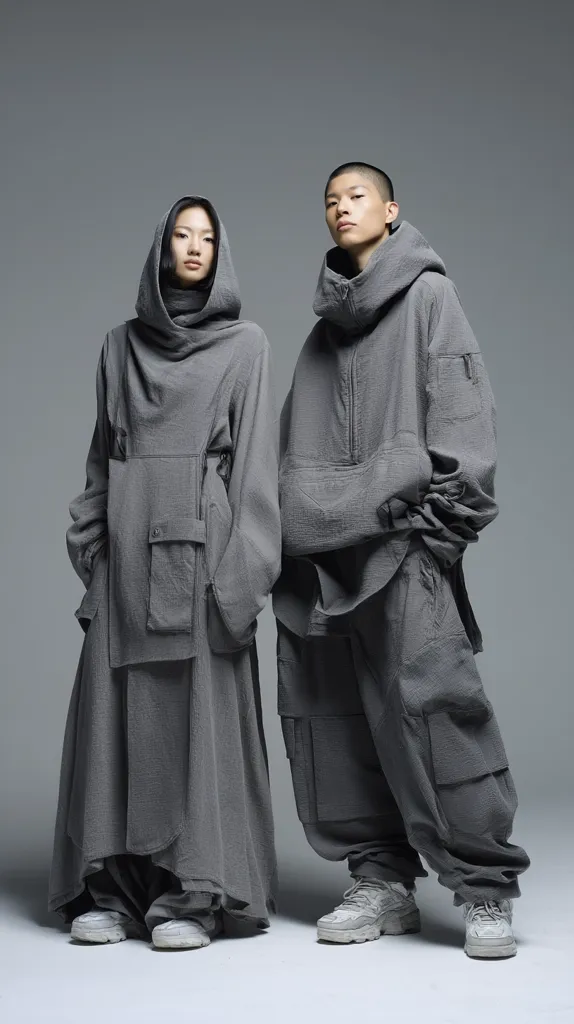 Two models pose against a gray backdrop, showcasing matching gray hooded outerwear. The woman's ensemble features a long, layered skirt and the man's a relaxed, cargo-style pant. Both outfits are characterized by a muted color palette, loose silhouettes, and functional pockets, suggesting a utilitarian aesthetic.  The overall style is minimalist and subtly edgy.