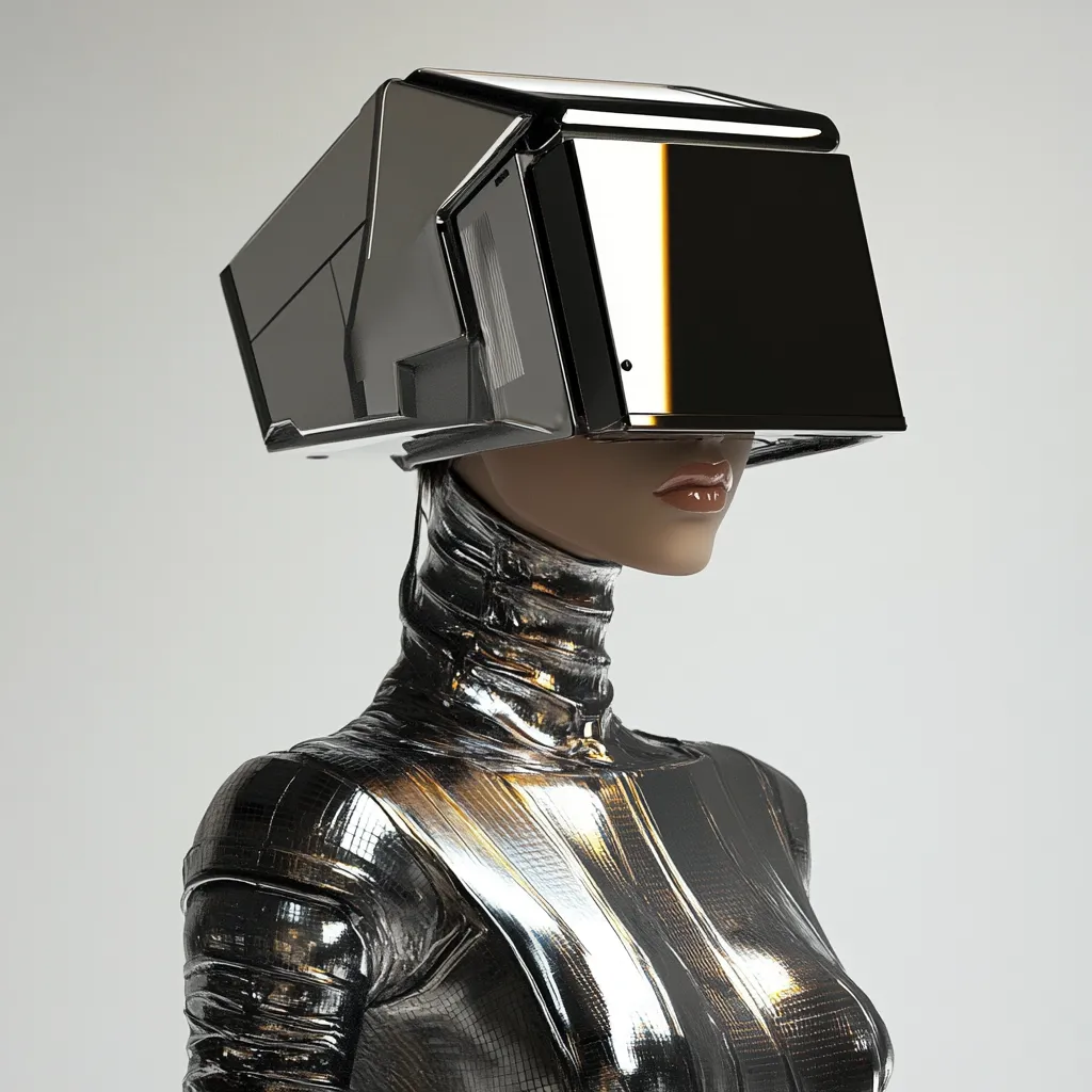 A futuristic female figure, clad in a silver metallic bodysuit, wears a large, angular, chrome helmet that obscures her eyes. The helmet's design is sleek and geometric, suggesting advanced technology. The overall aesthetic is one of high-tech sophistication, blending human form with machine-like elements. The image's neutral background accentuates the figure's striking appearance.
