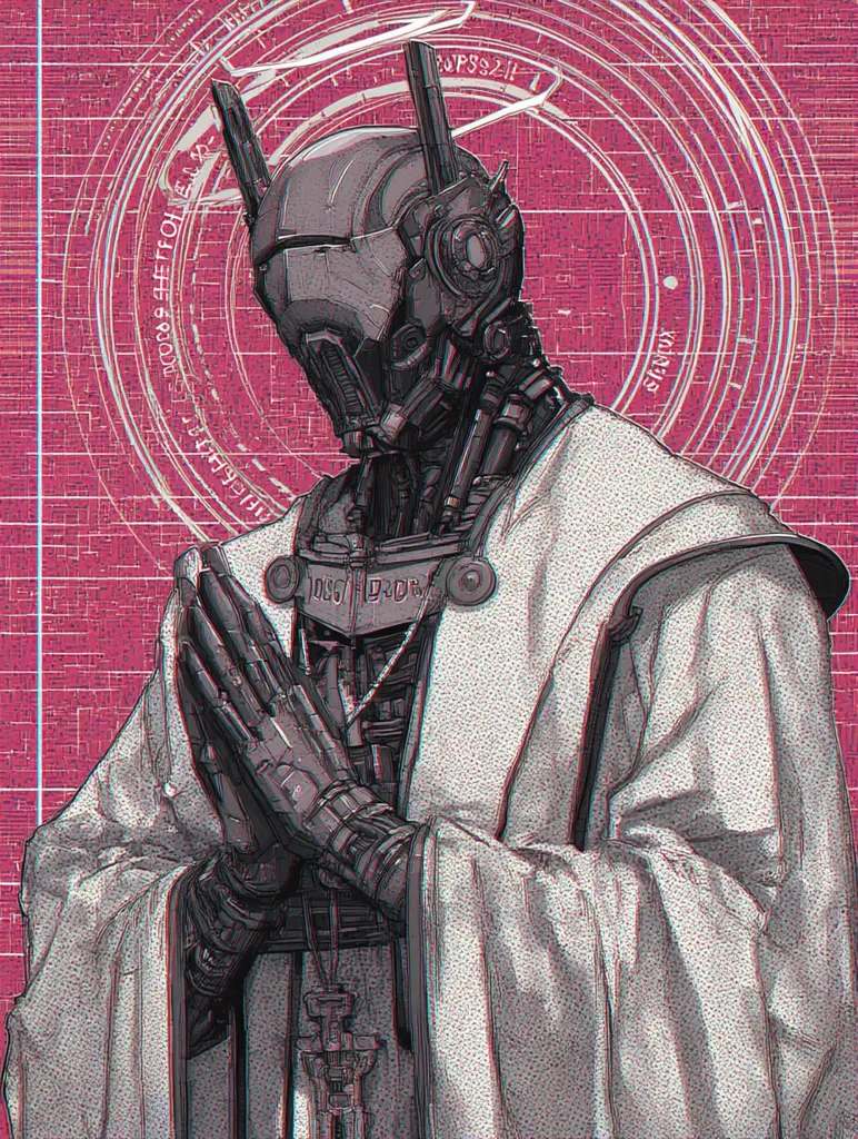 The artwork depicts a robotic figure, possibly a priest or monk, clad in a flowing white robe. Its metallic head and hands are intricately detailed, showcasing a blend of technology and religious attire. The background features a pink grid pattern overlaid with circular designs and cryptic symbols, creating a futuristic, spiritual atmosphere.  The robot's hands are clasped in prayer, suggesting a contemplative or devotional posture.