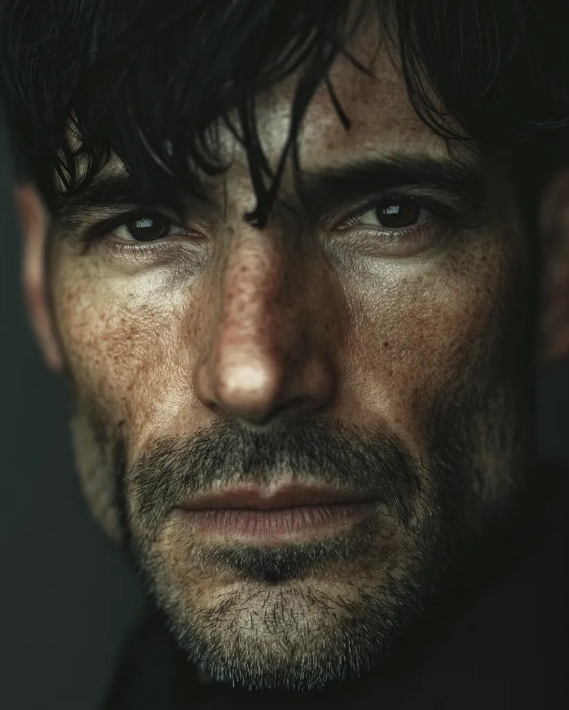 A close-up portrait of a man with dark, wet hair falling across his forehead.  His face is weathered, showing freckles and stubble.  His eyes are intense, dark and focused, conveying a serious and possibly brooding expression. The overall mood is intense and dramatic, highlighting the texture of his skin and facial hair.