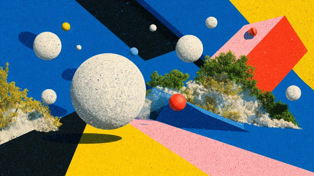 A vibrant abstract artwork features large, textured spheres in off-white against a bold backdrop of blue, yellow, and pink geometric shapes.  Smaller spheres in various colors are scattered throughout.  Lush green trees seemingly float amidst clouds, adding a surreal element to the composition. The overall style is playful and surreal, with a focus on contrasting colors and textures.