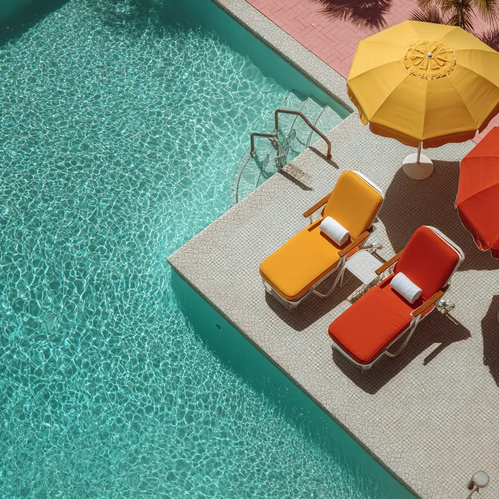 An overhead view of a vibrant turquoise swimming pool.  Two brightly colored lounge chairs, one orange and one yellow, sit on a tiled patio beside the pool.  A yellow and a red parasol provide shade. The scene is sunny and evokes a mid-century modern aesthetic, suggesting a luxurious resort or hotel. The water shimmers, reflecting the sunlight.
