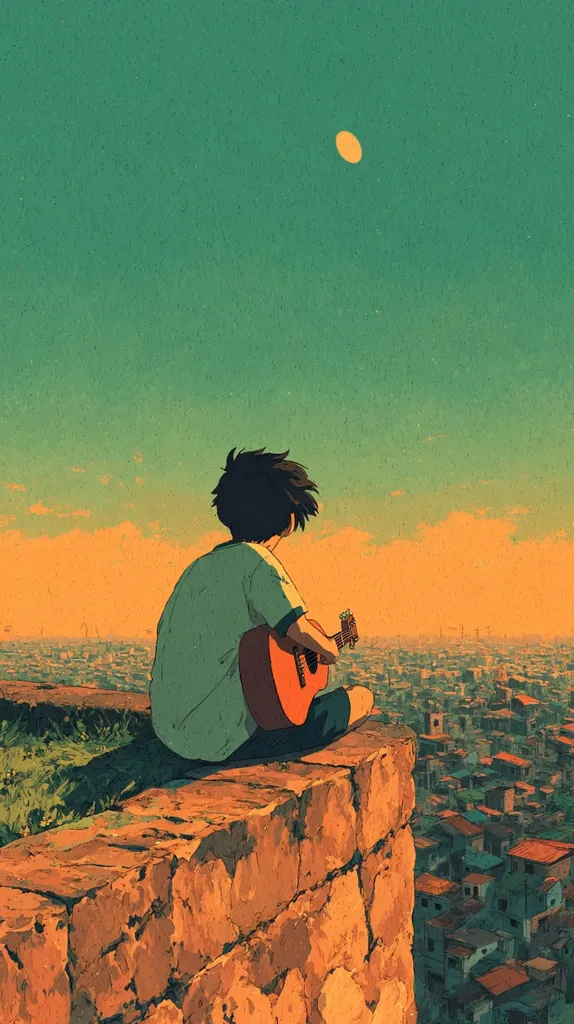 A young person sits on a low stone wall overlooking a sprawling city at sunset.  They hold an acoustic guitar, their back to the viewer, gazing out at the cityscape below. The sky is a blend of teal and orange, a single pale sun visible in the distance. The overall mood is melancholic yet peaceful, a moment of quiet contemplation.