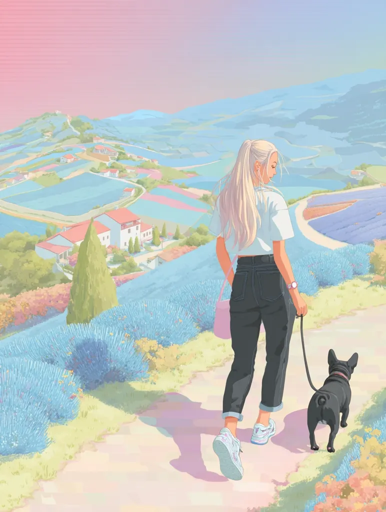 A blonde woman walks a French bulldog on a path overlooking a picturesque lavender field and pastel-colored village nestled in rolling hills.  The soft, stylized illustration evokes a sense of serenity and calm, with a dreamy, almost ethereal quality to the landscape and the warm, pinkish sky.  The woman's casual attire and relaxed posture contribute to the peaceful atmosphere.