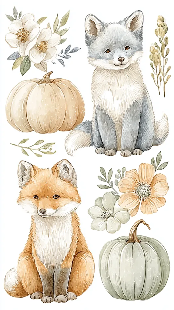 A charming watercolor illustration features two adorable fox kits, one grey and one orange, sitting amongst autumnal elements.  Delicate white and peach flowers, along with two pumpkins in muted pastel tones, complete the design. The style is soft and whimsical, perfect for fall-themed décor or children's artwork.