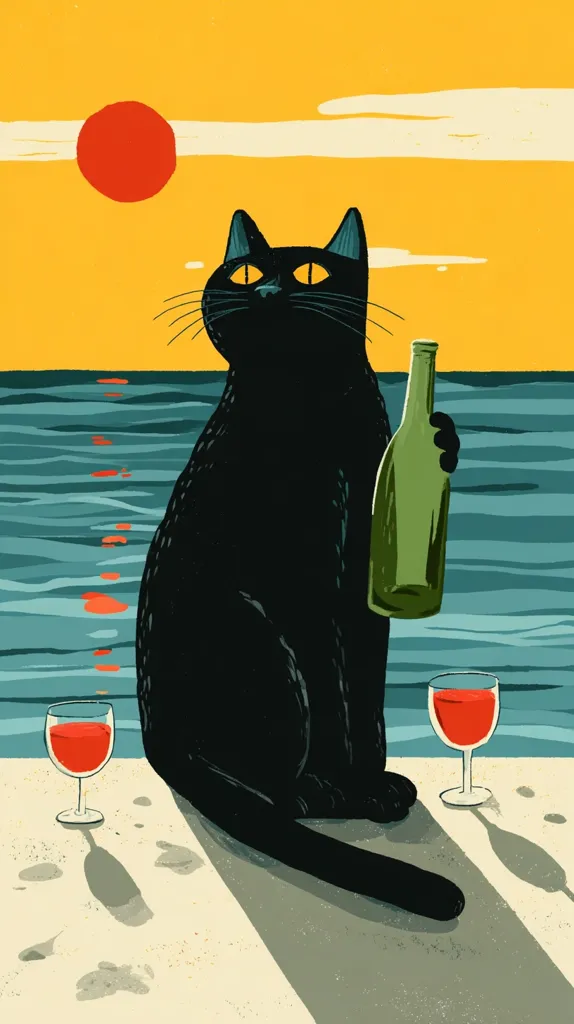 A black cat sits on a beach at sunset, holding a bottle of wine.  Two glasses of red wine rest on the sand beside it. The setting sun is a large orange circle in the yellow sky. The ocean is teal, reflecting the sunset.  The scene is stylized with bold colors and simple lines, evoking a calm and sophisticated mood.