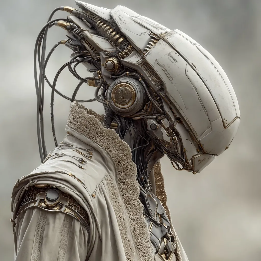 A detailed close-up reveals a sophisticated android, its head a complex interplay of white casing and gold-toned internal mechanisms.  Wires extend from the helmet-like headpiece. The robot is adorned in a light-colored, ornate coat with lace detailing, creating a striking contrast between futuristic technology and classic apparel. The image evokes a sense of mystery and advanced robotics.