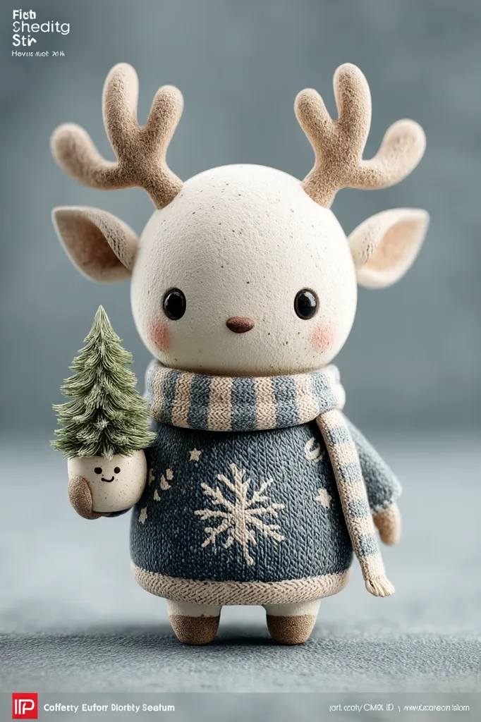 A charming 3D-rendered reindeer figurine, adorned in a cozy blue sweater with a snowflake design and a striped scarf, holds a miniature Christmas tree.  The reindeer's expression is sweet and innocent, with large eyes and rosy cheeks.  The overall style is cute and whimsical, perfect for a holiday setting.