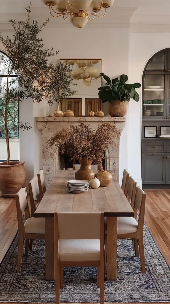 A rustic dining room features a long wooden table surrounded by light beige upholstered chairs.  A large dried floral arrangement sits as a centerpiece, alongside decorative gourds.  The room is decorated in an earthy, neutral palette, with olive trees flanking a stone fireplace.  A dark gray built-in cabinet is visible in the background, adding a touch of contrast to the overall serene atmosphere.  A patterned rug anchors the dining area.