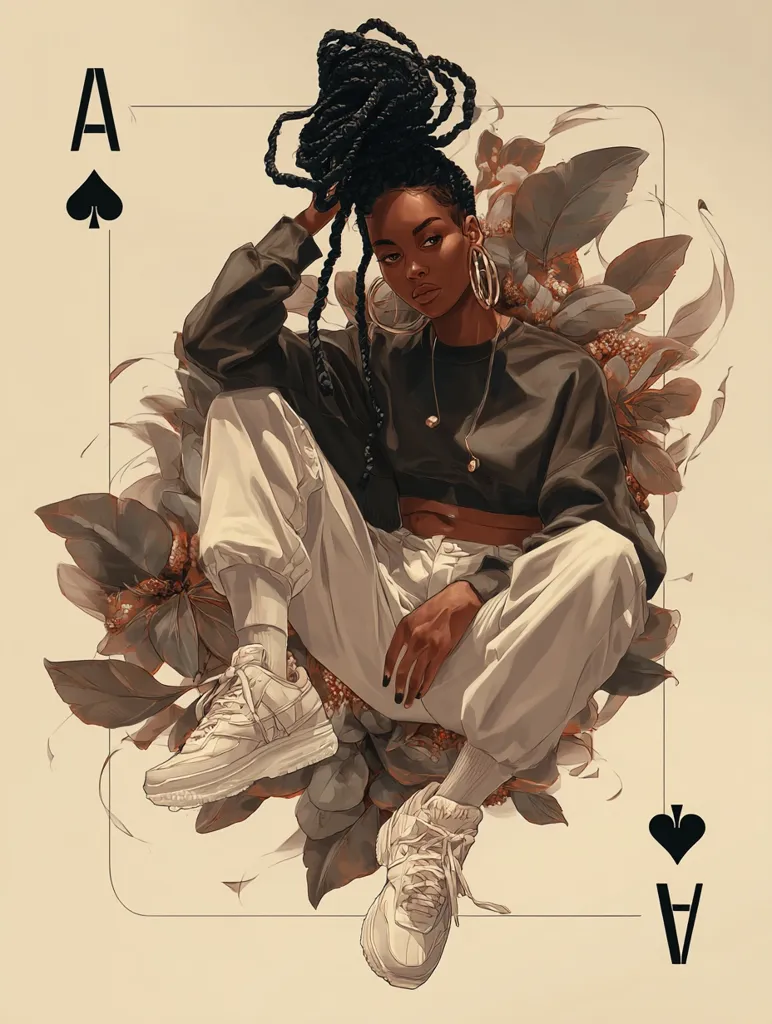An illustration of the Ace of Spades features a Black woman with large, intricately braided hair styled in a high bun. She's fashionably dressed in a dark olive green cropped sweatshirt and loose, light beige pants.  She sits amidst stylized foliage, her white sneakers adding a stylish contrast to the warm tones. The card's design is elegant and modern, blending artistic portraiture with playing card imagery.