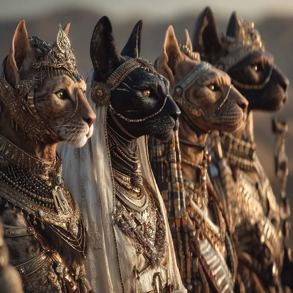 Four regal cats, adorned in elaborate golden headdresses and opulent necklaces, stand in a line.  Their attire suggests ancient Egyptian royalty.  The cats are a mix of breeds, with differing fur colors and textures, yet they share a dignified presence. The setting appears to be a desert landscape, bathed in warm, golden light.  The image evokes a sense of power and mystery.
