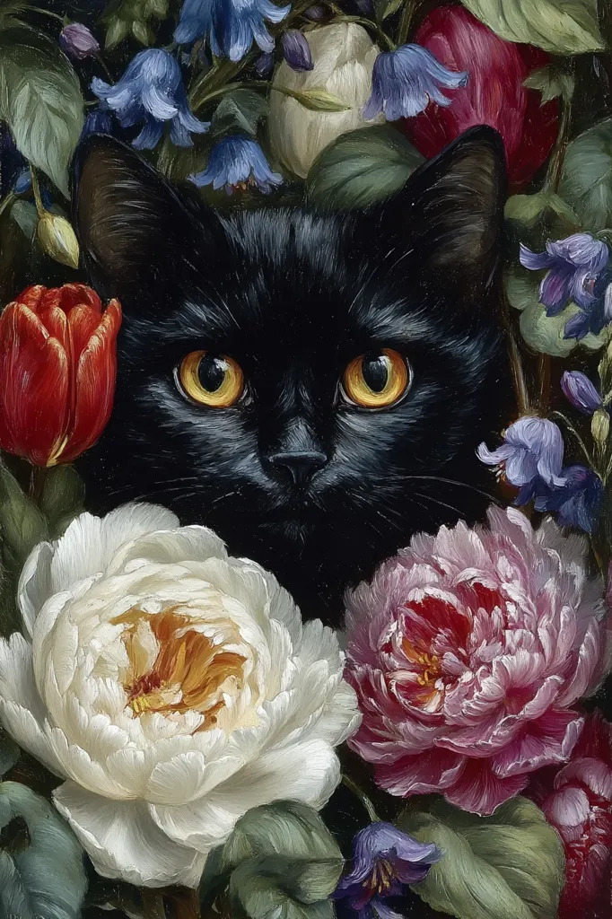 A black cat with luminous eyes peers from a profusion of vibrant flowers.  Surrounded by tulips, peonies in shades of white and pink, and delicate bluebells, the cat's dark fur contrasts beautifully with the blossoms.  The painting is rendered in a realistic style, capturing the texture of both fur and petals with remarkable detail. The overall mood is one of serene mystery.