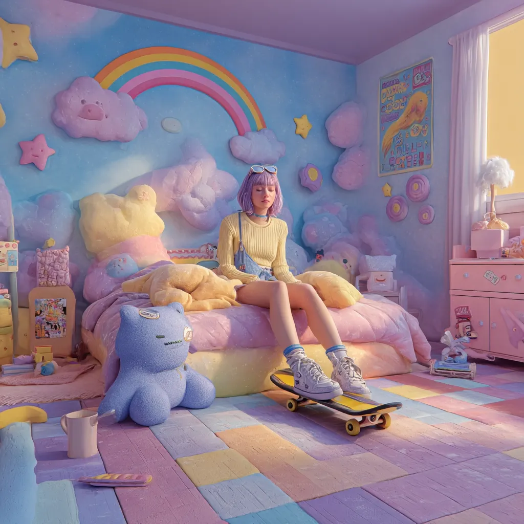 A young woman with short purple hair sits on a pastel-colored bed in a whimsical bedroom. The room is decorated with rainbow arches, fluffy clouds, and pastel-toned furniture.  She wears a yellow sweater and denim shorts, and sits with her skateboard at her feet. The overall aesthetic is dreamy and childlike, with a soft, diffused lighting.