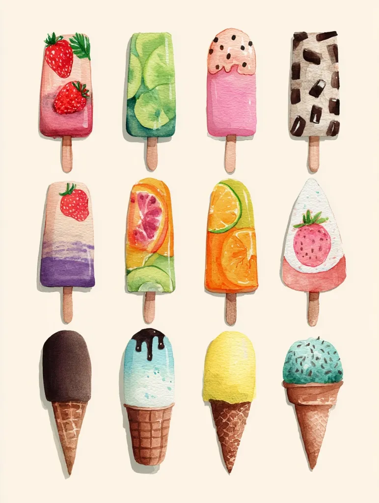 A watercolor illustration showcases twelve delightful ice cream treats.  Six popsicles feature vibrant fruit designs: strawberry, kiwi, pink, chocolate, orange, and a strawberry-topped white.  The remaining six are ice cream cones in chocolate, mint, yellow, and a speckled mint flavor, each meticulously detailed. The light background accentuates the bright, summery colors of the artwork.