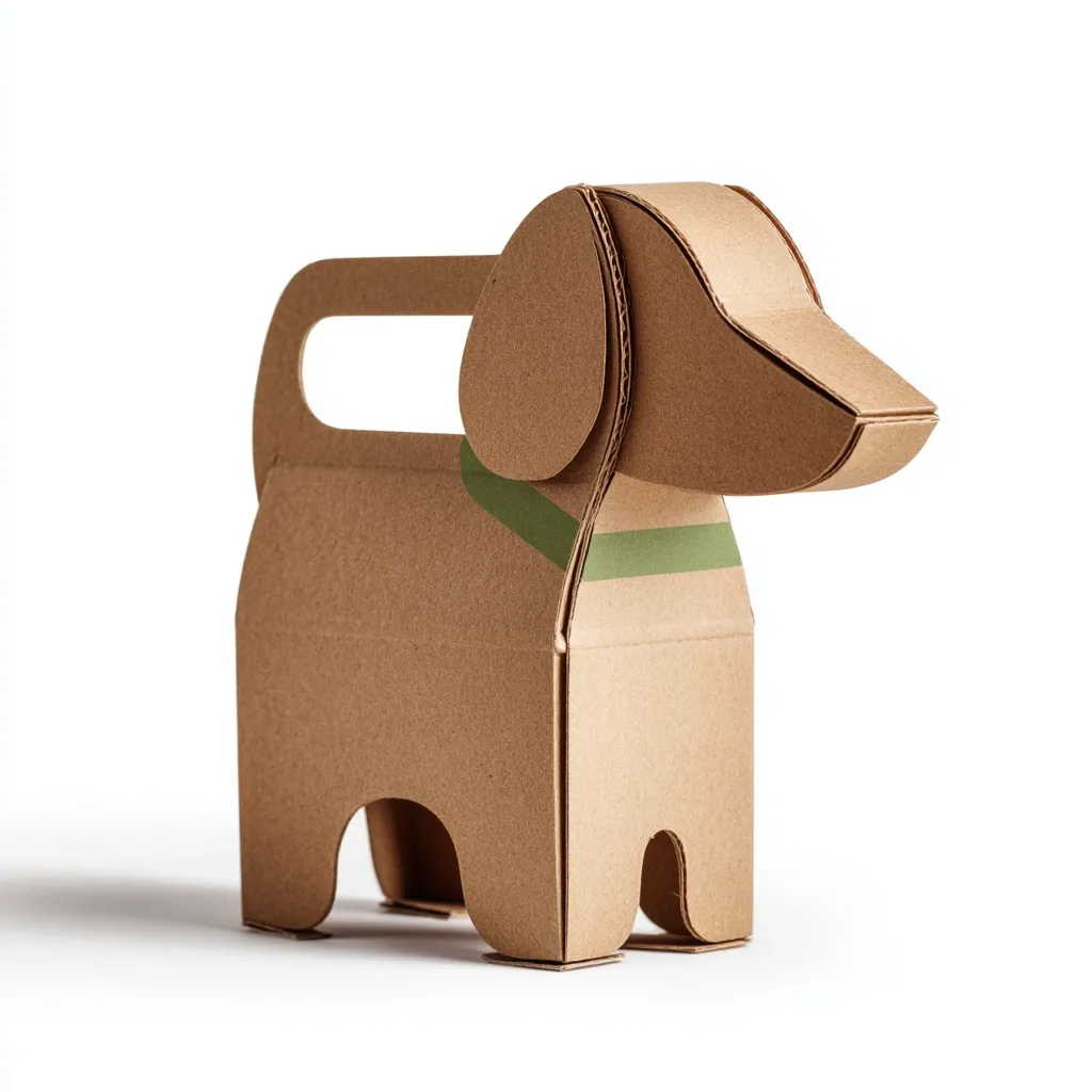 A charming cardboard dog figurine stands against a white backdrop.  Its simple design features a cut-out handle on its back and a muted olive green band around its neck.  The light brown cardboard gives it a rustic, eco-friendly feel, suitable as packaging or a small decorative item.  The dog's form is simplistic yet recognizable, appealing to a wide audience.