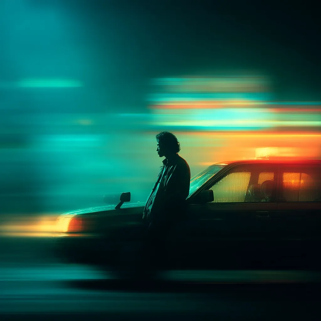 A lone figure, silhouetted against a vibrant, neon-drenched cityscape, stands beside a rain-slicked car.  Blurred streaks of light from passing vehicles paint the background in dynamic teal and orange hues. The scene evokes a sense of mystery and isolation within a bustling, nocturnal environment. The individual's contemplative posture adds to the enigmatic mood.