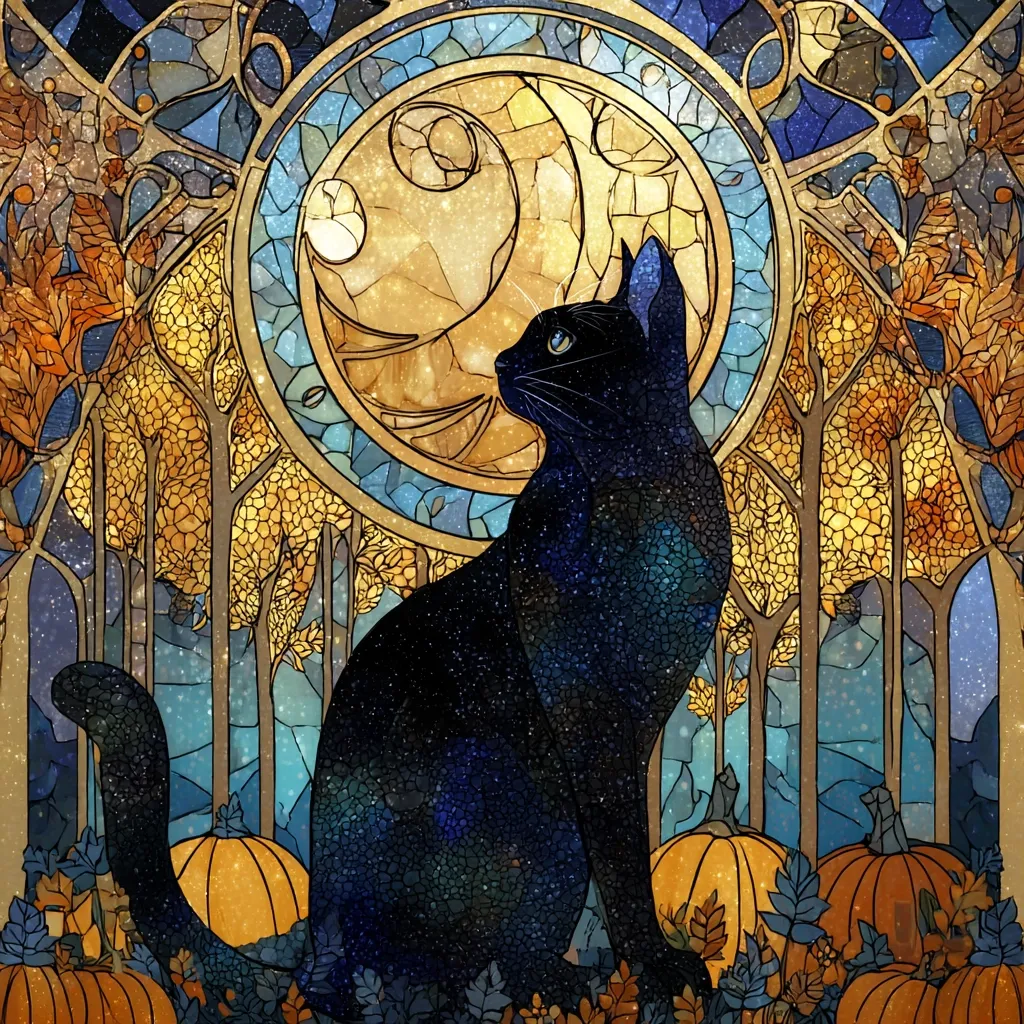 A stylized stained-glass artwork depicts a black cat sitting amidst an autumnal scene.  The cat, rendered with a cosmic texture, is positioned before a large circular moon design within an ornate frame.  Surrounding the cat are stylized trees with orange and gold leaves, and pumpkins sit at the base.  The overall style evokes Art Nouveau and features a rich color palette suggestive of fall.