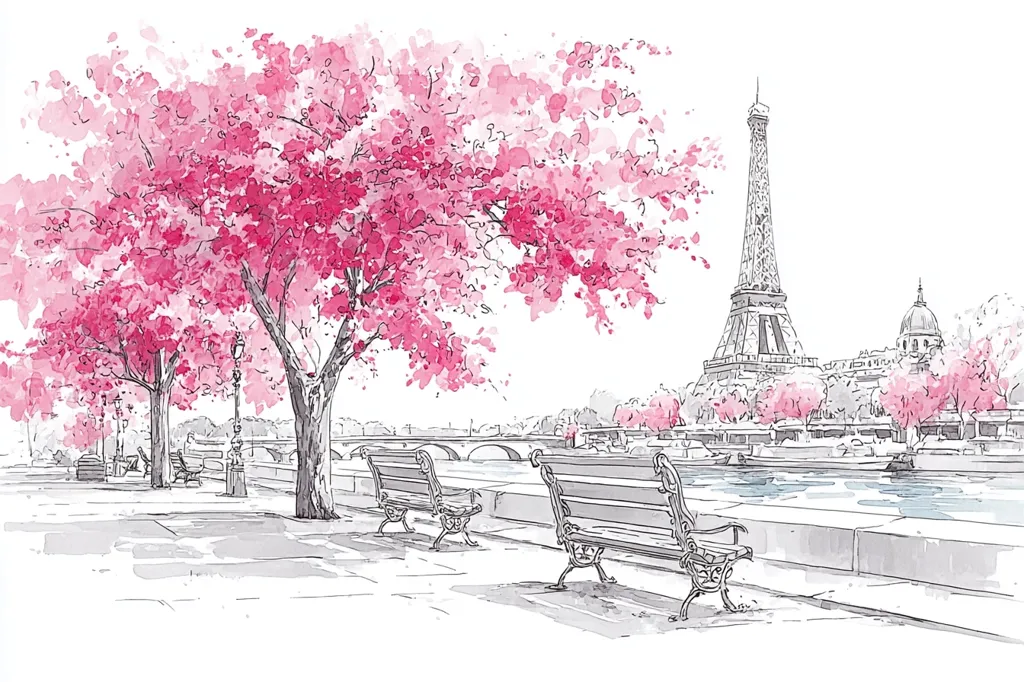 A picturesque watercolor and ink sketch depicts a Parisian scene.  Pink cherry blossoms frame two empty benches along a riverbank.  The Eiffel Tower stands in the background, with other Parisian architecture visible. The style is romantic and evokes a sense of springtime tranquility in the City of Lights.  The overall impression is one of peaceful beauty.