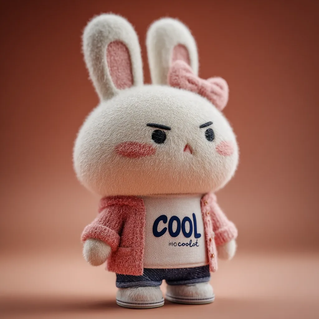 A 3D-rendered plush bunny toy is depicted.  It's white and fluffy with pink inner ears and a pink bow.  The bunny wears a pink cardigan over a white shirt that says "COOL" and blue jeans. It has a slightly grumpy expression, adding to its charming appeal. The background is a muted reddish-brown.