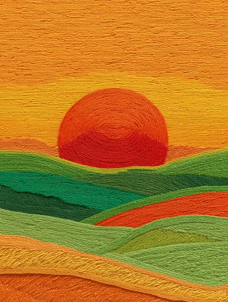 A vibrant textile artwork depicts a sunset over rolling hills.  The style is reminiscent of embroidery, with thick, textured threads creating a bold, graphic representation of the landscape.  Warm oranges and reds dominate the sky, contrasting with cooler greens and oranges in the undulating hills below. The sun is a large, circular focal point, adding to the artwork's overall textured and calming aesthetic.