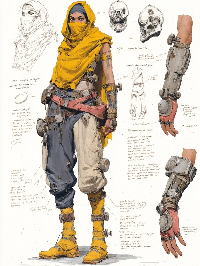 A detailed concept art piece showcases a female character design. She's clad in a yellow cloak, worn pants and boots, and intricate, steampunk-inspired arm gauntlets.  The character's face is partially obscured by a headscarf.  Surrounding the central figure are sketches of various design elements, including headgear and mechanical components, accompanied by handwritten notes and design specifications.  The overall style is rough and textured, indicative of a work-in-progress design.