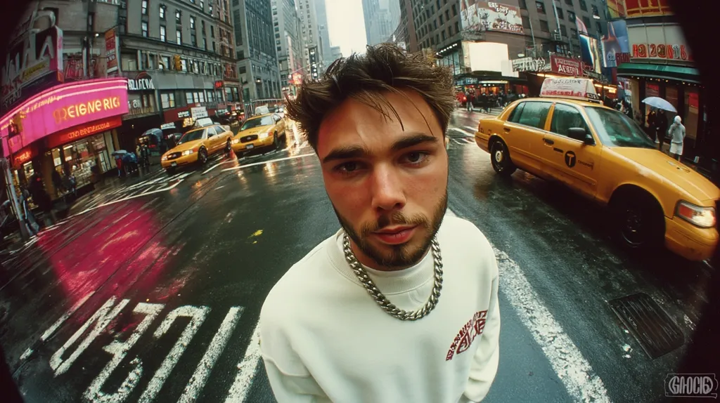 A young man with short brown hair and a beard wears a cream-colored sweatshirt and a silver chain necklace. He stands in a New York City street, looking directly at the camera.  Rainy streets are visible, with yellow taxis and city buildings blurred in the background, creating a fisheye lens effect.  The image has a vibrant, almost vintage feel.