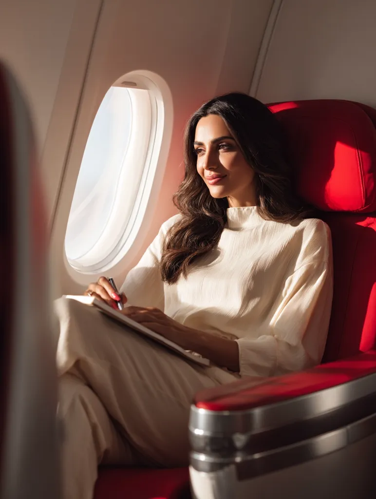 A woman with long dark hair sits in a red airplane seat, gazing out the oval window.  Sunlight streams in, illuminating her as she sits comfortably, writing in a notebook with a pen. She's dressed in a light beige, loose-fitting top and matching pants. The overall impression is one of calm and peaceful travel.