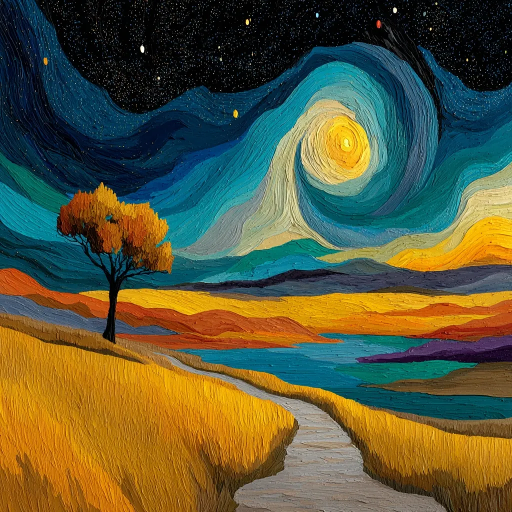 A painting in the style of Van Gogh depicts a serene landscape.  A lone, autumnal tree stands in a golden field beside a path leading to a tranquil body of water.  The swirling, vibrant sky is filled with blues, yellows, and stars, creating a dramatic contrast to the calm earth tones below.  Thick, impasto brushstrokes add texture and depth to the scene, evoking a sense of peace and wonder.