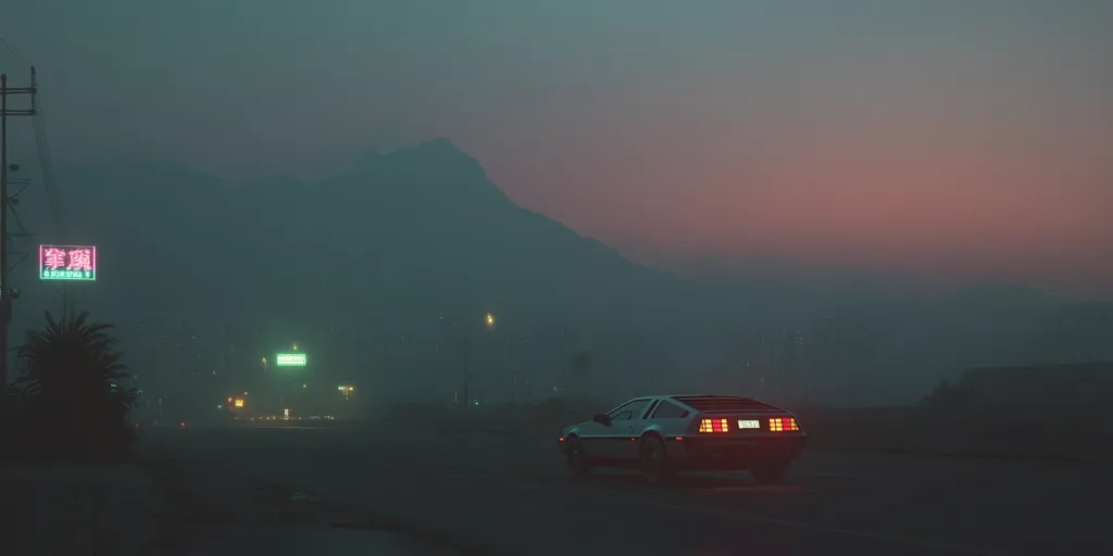 A DeLorean drives along a hazy road at dusk.  Mountains loom in the background, shrouded in mist.  Neon signs glow faintly in the distance, casting a muted light on the scene.  The overall atmosphere is moody and atmospheric, evoking a sense of mystery and retrofuturism.  The air is thick with fog, obscuring details and creating a dreamlike quality.