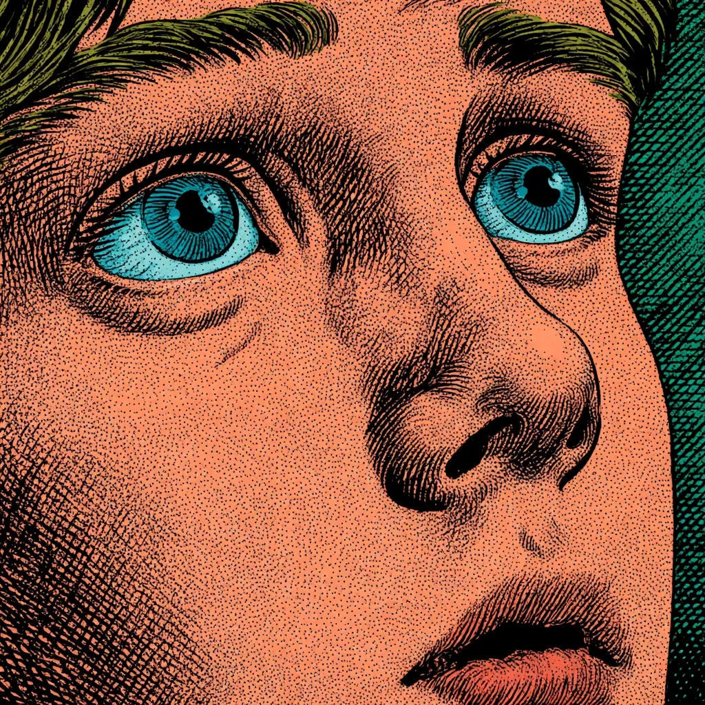 Close-up, stylized illustration of a person's face, possibly a young woman or child.  The image is rendered in a Ben-Day dot style with a peach skin tone and teal eyes. The expression is one of wonder or slight apprehension, the gaze directed upward and slightly off-camera.  The detail focuses on the eyes, nose, and mouth, creating a dramatic effect.  The background is a dark teal, contrasting with the skin tone.