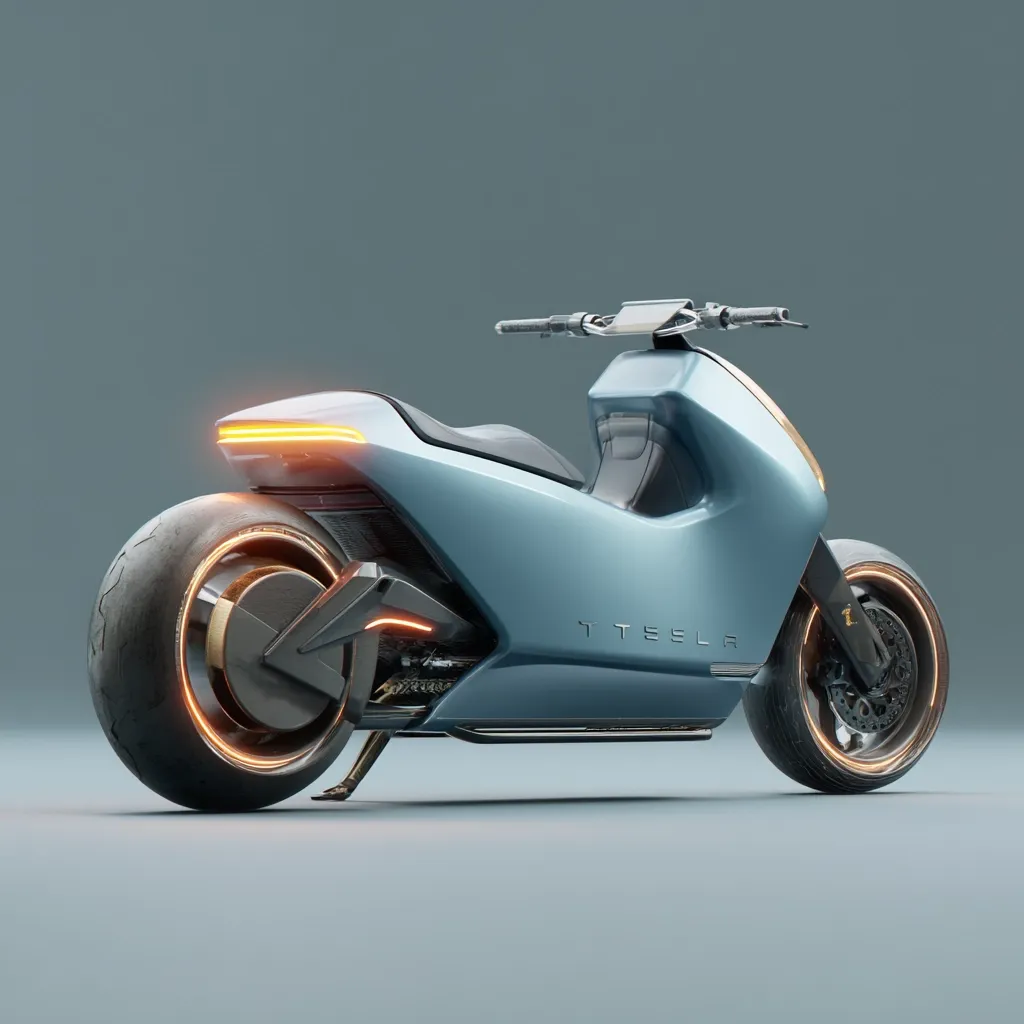 A sleek, futuristic electric scooter, possibly a Tesla concept design, is showcased.  The scooter features a light blue body, large wheels with orange LED accents, and a minimalist design.  The "TESLA" logo is subtly embedded on the side.  The image is rendered against a neutral gray background, highlighting the scooter's clean lines and modern aesthetics.