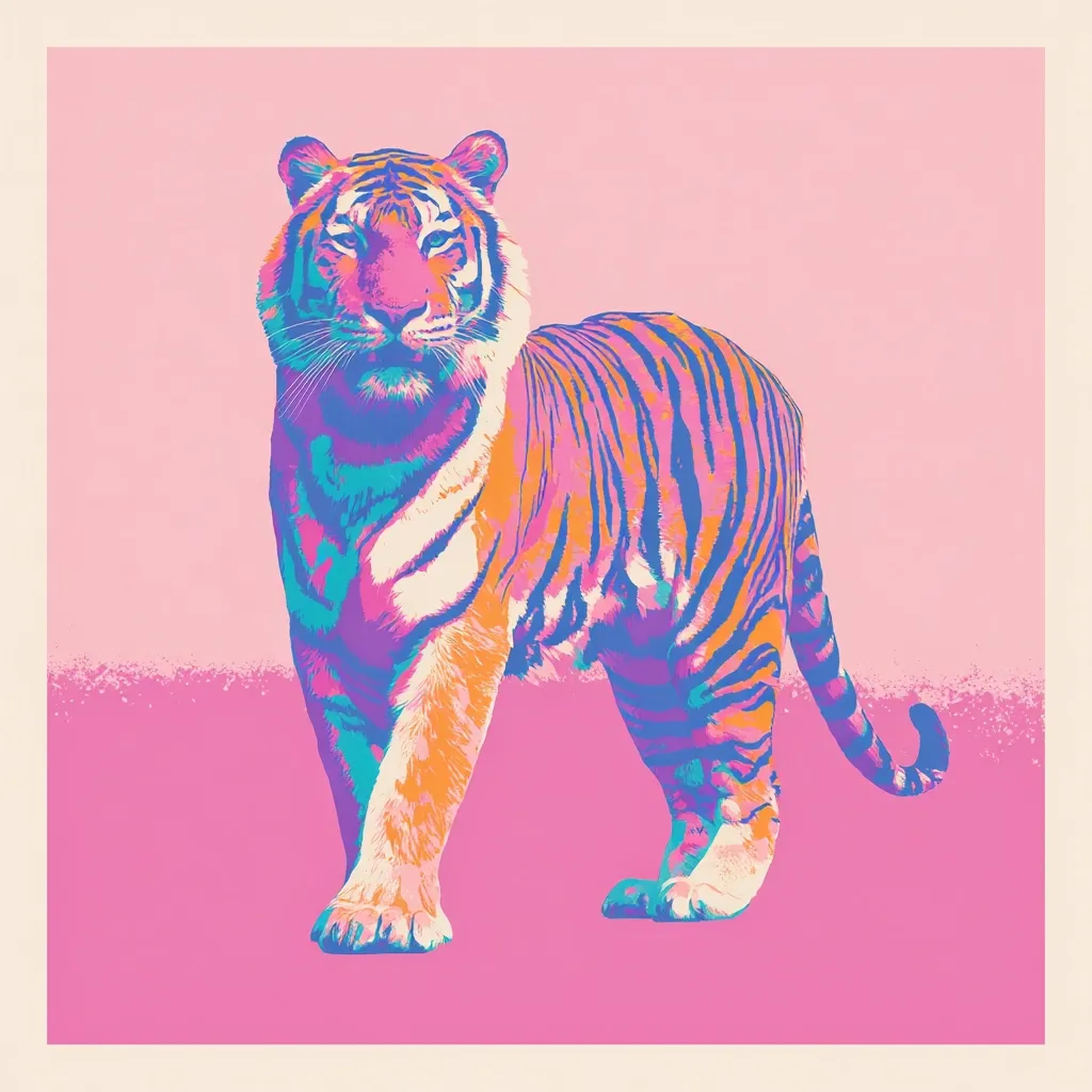 A stylized illustration of a tiger is presented against a pink background. The tiger's fur is depicted in vibrant, contrasting colors of orange, purple, and blue, creating a bold, almost psychedelic effect.  The image is sharp and detailed, with the tiger's features clearly defined despite the unconventional color palette. The overall aesthetic is modern and artistic.