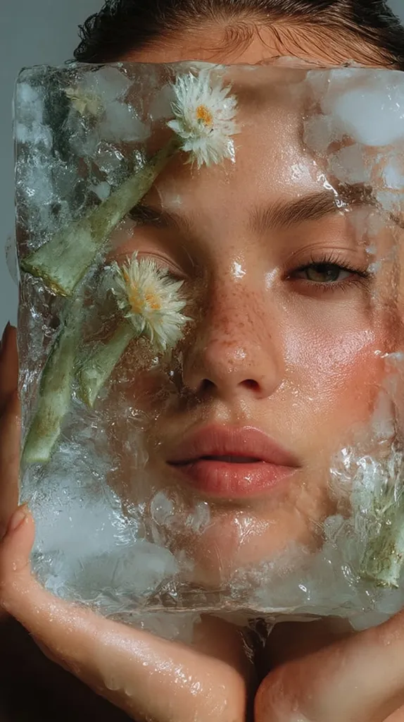 A young woman's face is partially obscured by a large, melting ice cube.  Small white flowers are embedded within the ice, pressed against her skin. The ice is dripping water, creating a cool, ethereal effect. Her expression is serene, and her skin appears naturally radiant. The image evokes a sense of freshness and beauty.