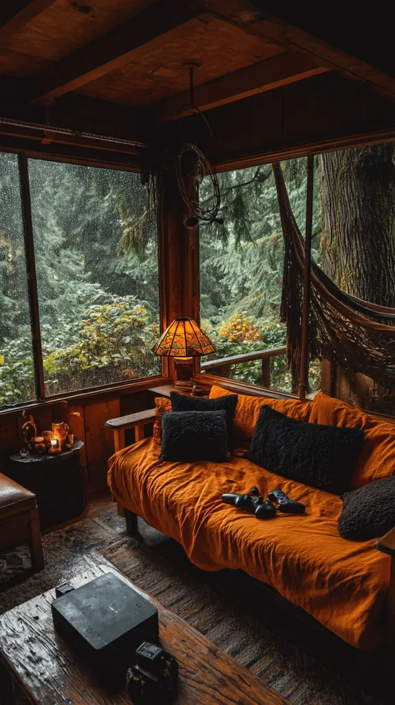 A cozy cabin interior features a burnt orange couch with black throw pillows, situated in front of large windows overlooking a rain-swept forest. A stained-glass lamp illuminates the scene, adding warmth to the rustic wooden structure.  Video game controllers rest on the couch, suggesting relaxation and entertainment.  The overall atmosphere is serene and inviting.