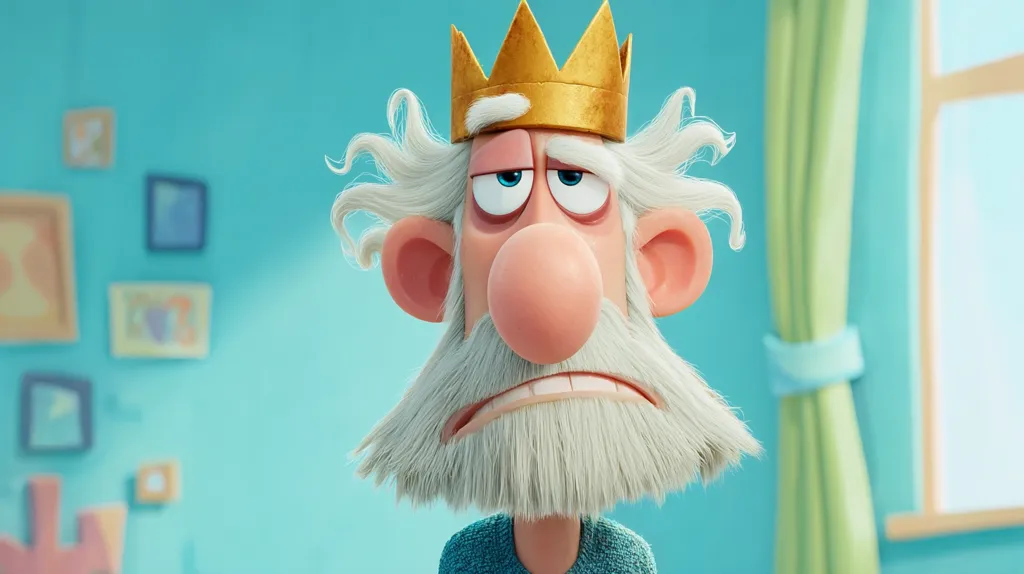 A close-up shot of a cartoon king. He's an older man with a large nose, bushy white hair and beard, and a gold crown atop his head. His expression is one of displeasure or weariness.  The background is a light teal wall with framed pictures, suggesting an indoor setting. The overall style is playful and 3D animated.